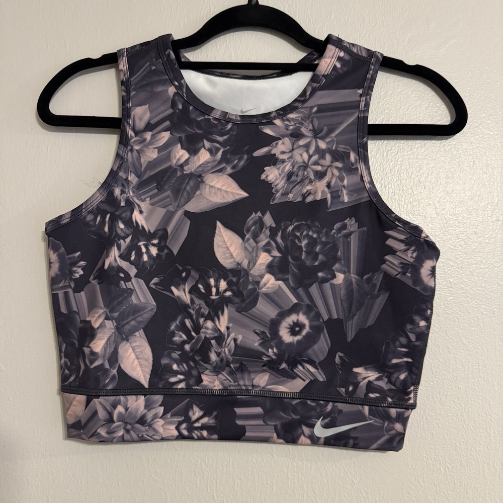 Nike Women's Crop Running Tank Top Geometric Floral Print Epic Lux Purple Gray S